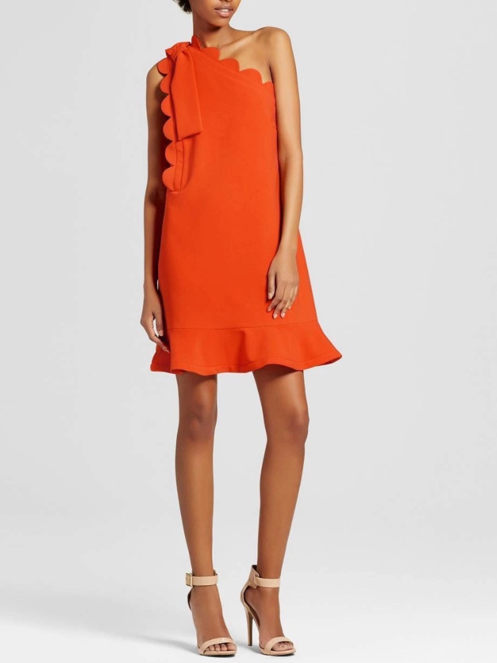 Victoria Beckham Target Orange Scallop One Shoulder Dress Ruffle Bow -small